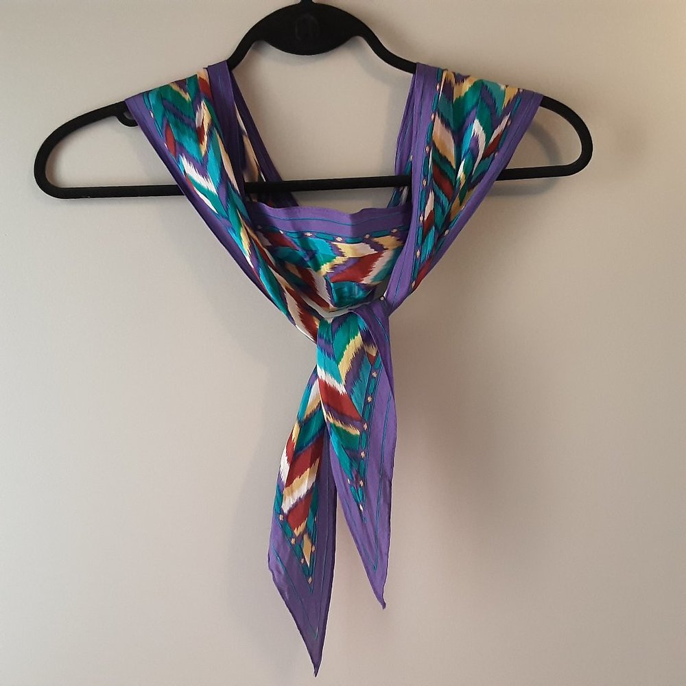 Vintage Southwest Pattern Oblong Silk Scarf, Purple, Turquoise, Cream